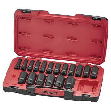 Teng 22-piece 1/2 inch drive deep impact socket set with retaining pins and rings in blow-moulded case