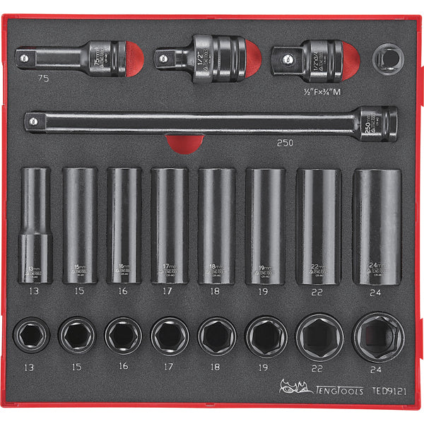 Teng 21pc 1/2in Dr. Metric Imp. Skt & Acc. Set - TED-Tray | ISL