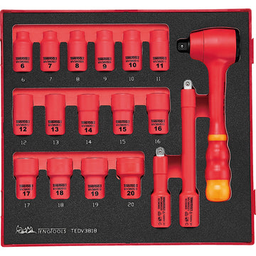 Teng 18-piece 1000V insulated socket set with 3/8 inch drive ratchet and extension bars in EVA foam tray