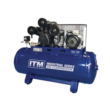 ITM 7.5HP stationary air compressor with 270L tank, three-phase motor, and twin Nitto connectors