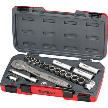 18-piece 1/2 inch drive stainless steel socket set with plastic case, ratchet, extension bar and adaptor