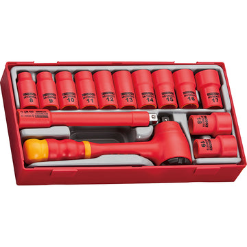 Teng 14-piece insulated socket set with 3/8 inch drive ratchet, extension bar, and sockets in plastic tray