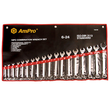 AmPro T40195 16-piece combination wrench set laid out, 1/4 to 1.1/4 inch