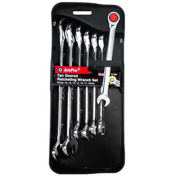 AmPro 7-piece geared wrench set 10–19 mm with 72-tooth design and mirror finish