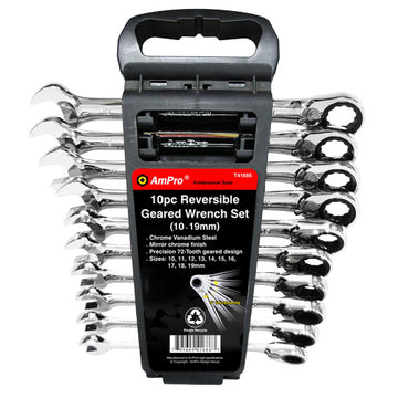 AmPro 10-piece reversible geared wrench set 10–19mm with mirror finish