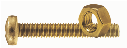 Brass Imperial Round Slot Machine Screws and Nut UNC 3/16" Diameter